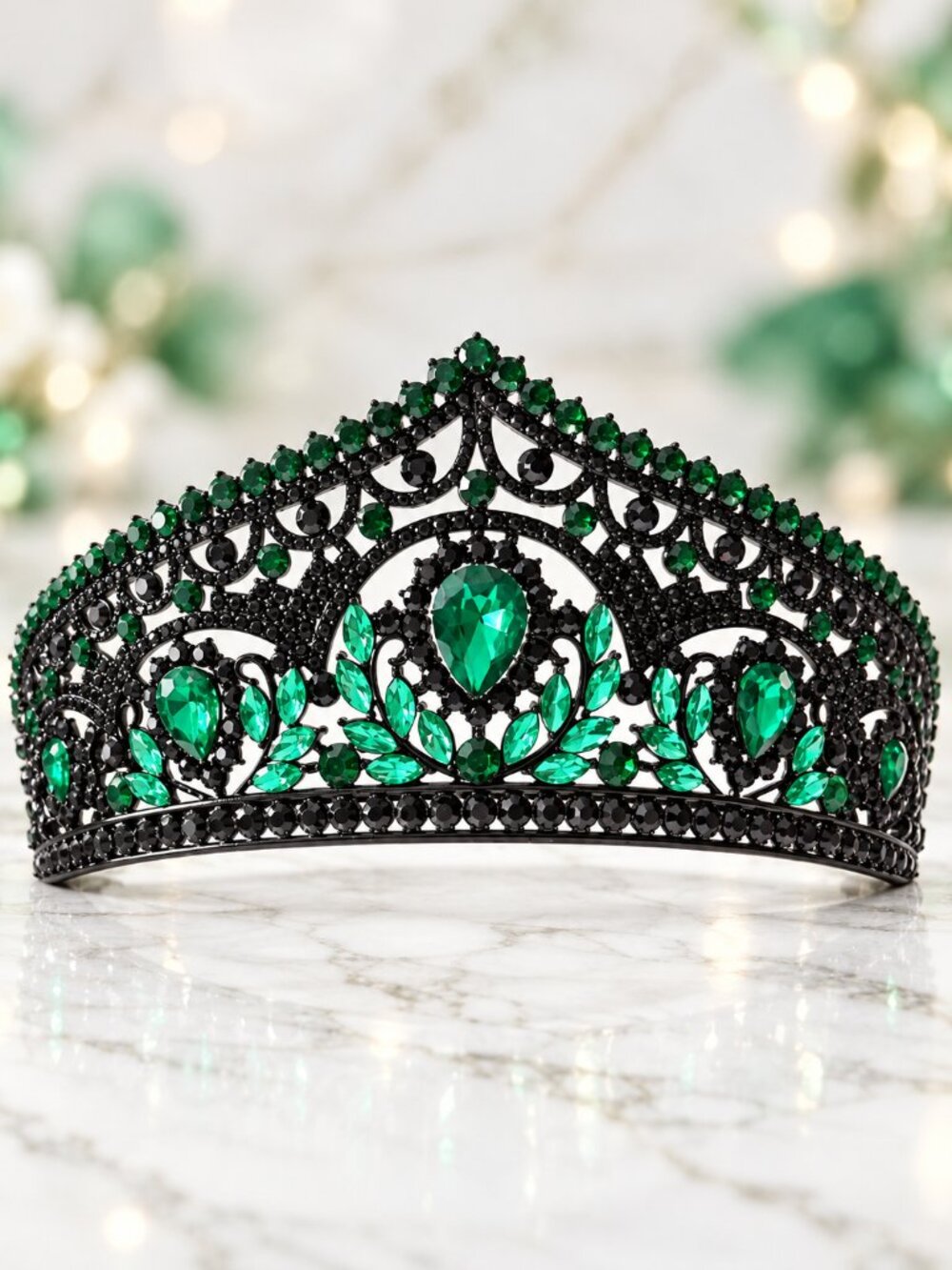 Emerald Green Black Rhinestone Tiara Crown Gothic Wedding Prom Queen Headpiece